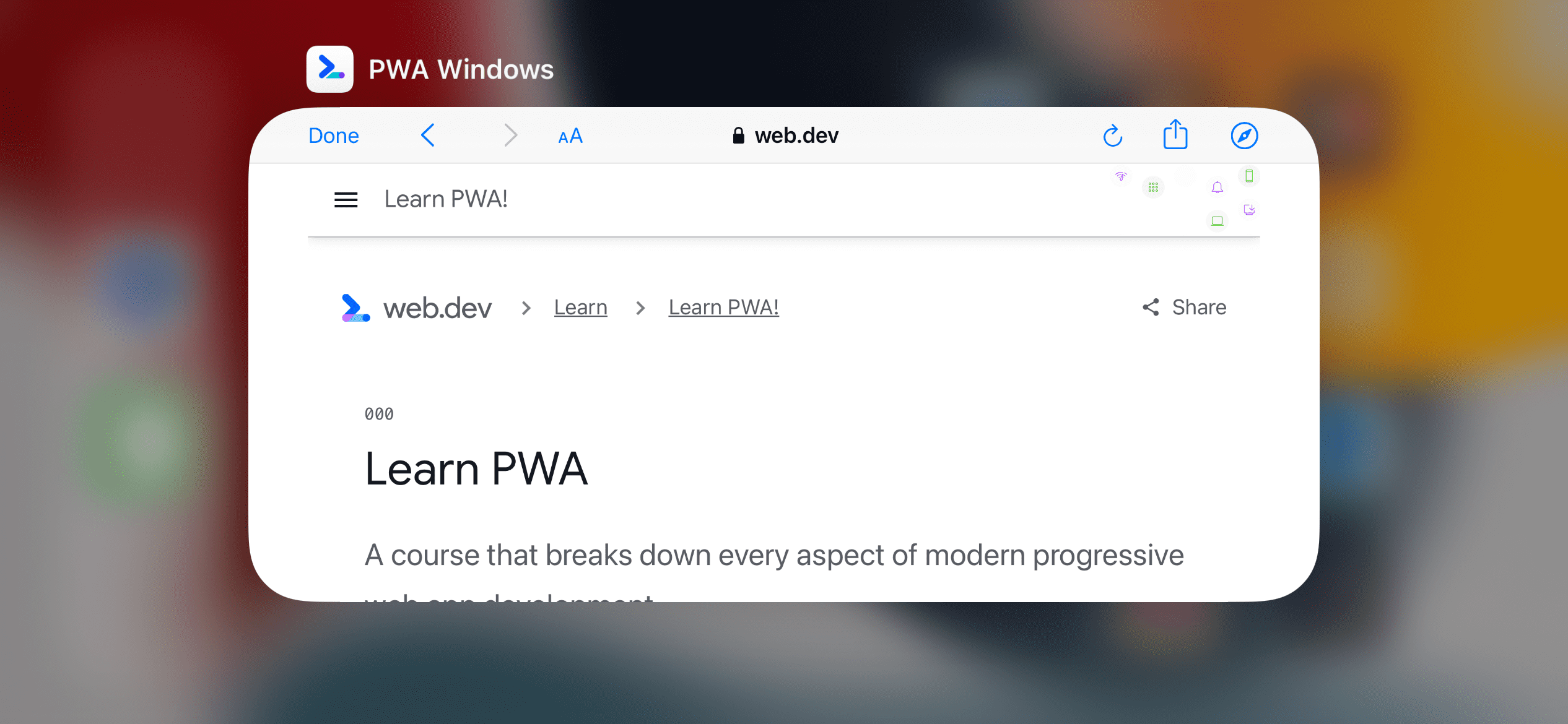 Un browser in-app su un iPhone durante la navigazione di un URL fuori dall&#39;ambito di una PWA autonoma.