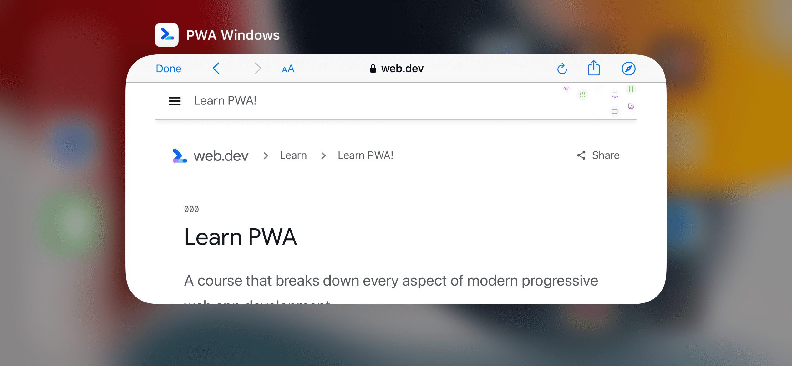 iPhone 上的应用内浏览器，在独立 PWA 中浏览超出范围的网址时。