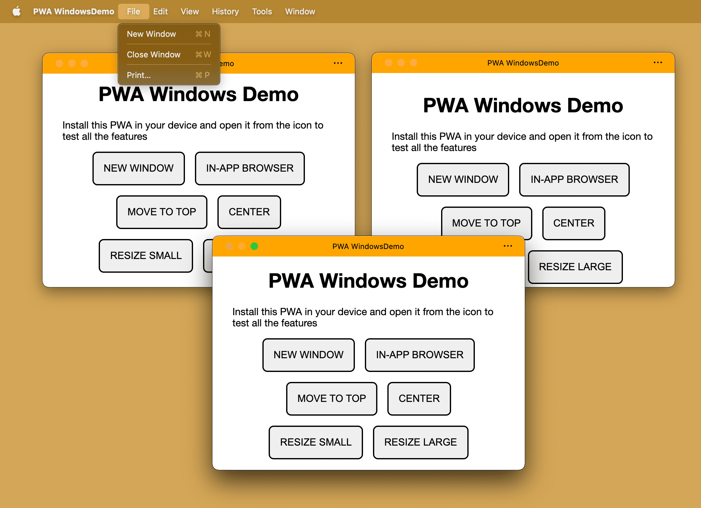 PWA terinstal yang sama dengan beberapa jendela terbuka di sistem operasi desktop.