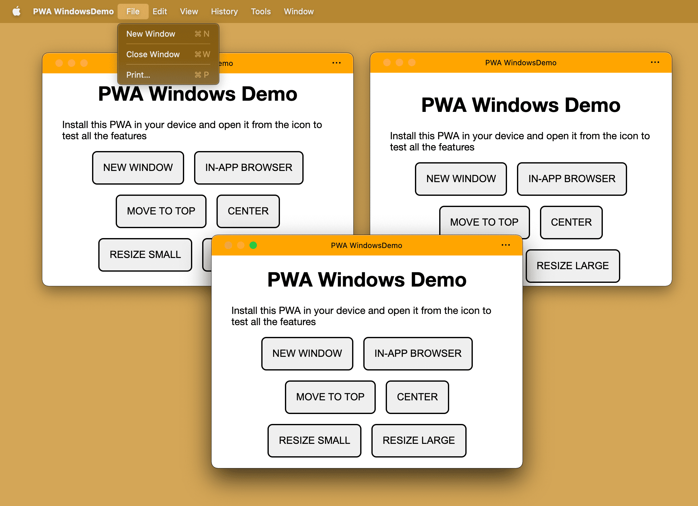 אותה PWA מותקנת עם מספר חלונות שנפתחו במערכת הפעלה במחשב.