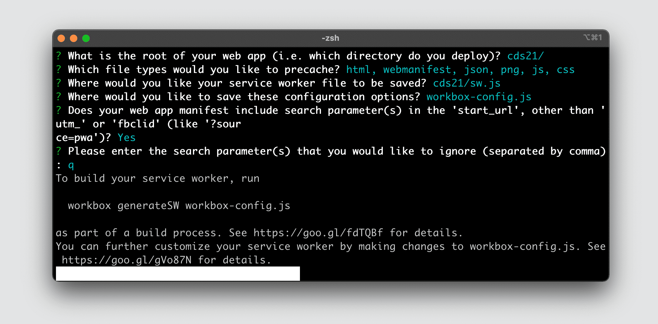 Interfejs wiersza poleceń Workbox w działaniu w terminalu