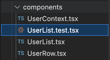 Una lista de archivos en un directorio, incluidos UserList.tsx y UserList.test.tsx.