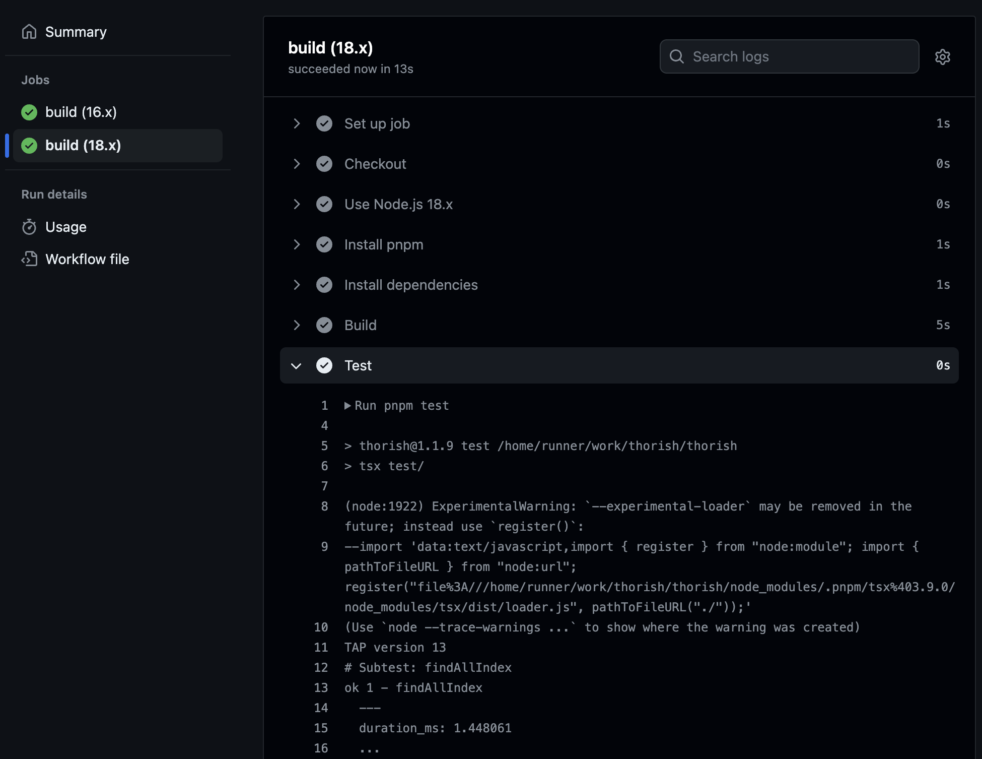 Capture d&#39;écran d&#39;un processus de test des actions sur GitHub.